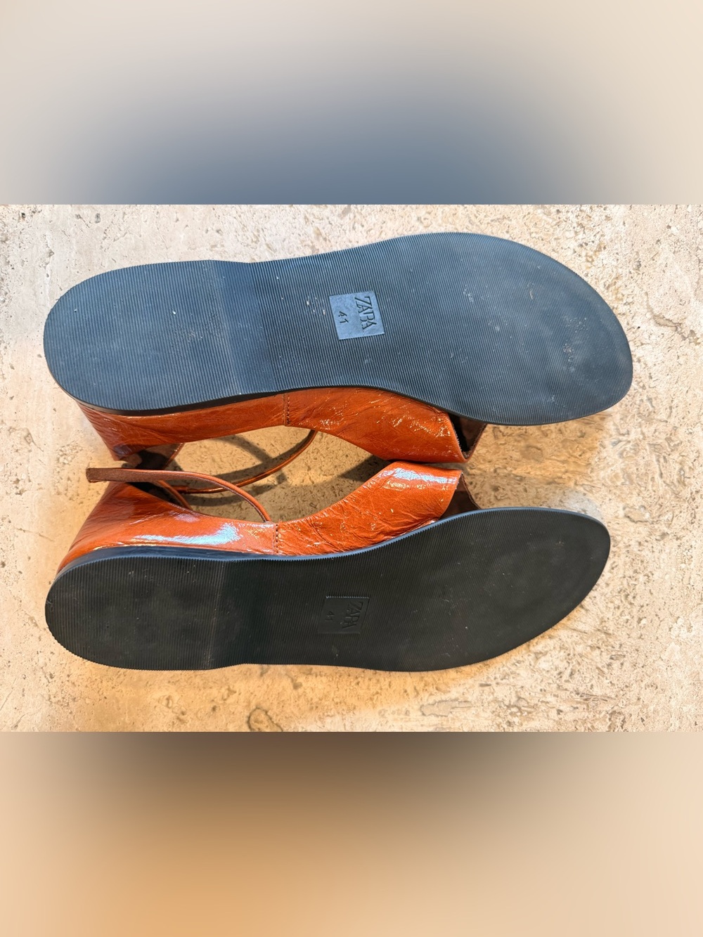 Zara Brown Patent Leather T-Strap Women's Sandals - Picture 8 of 9